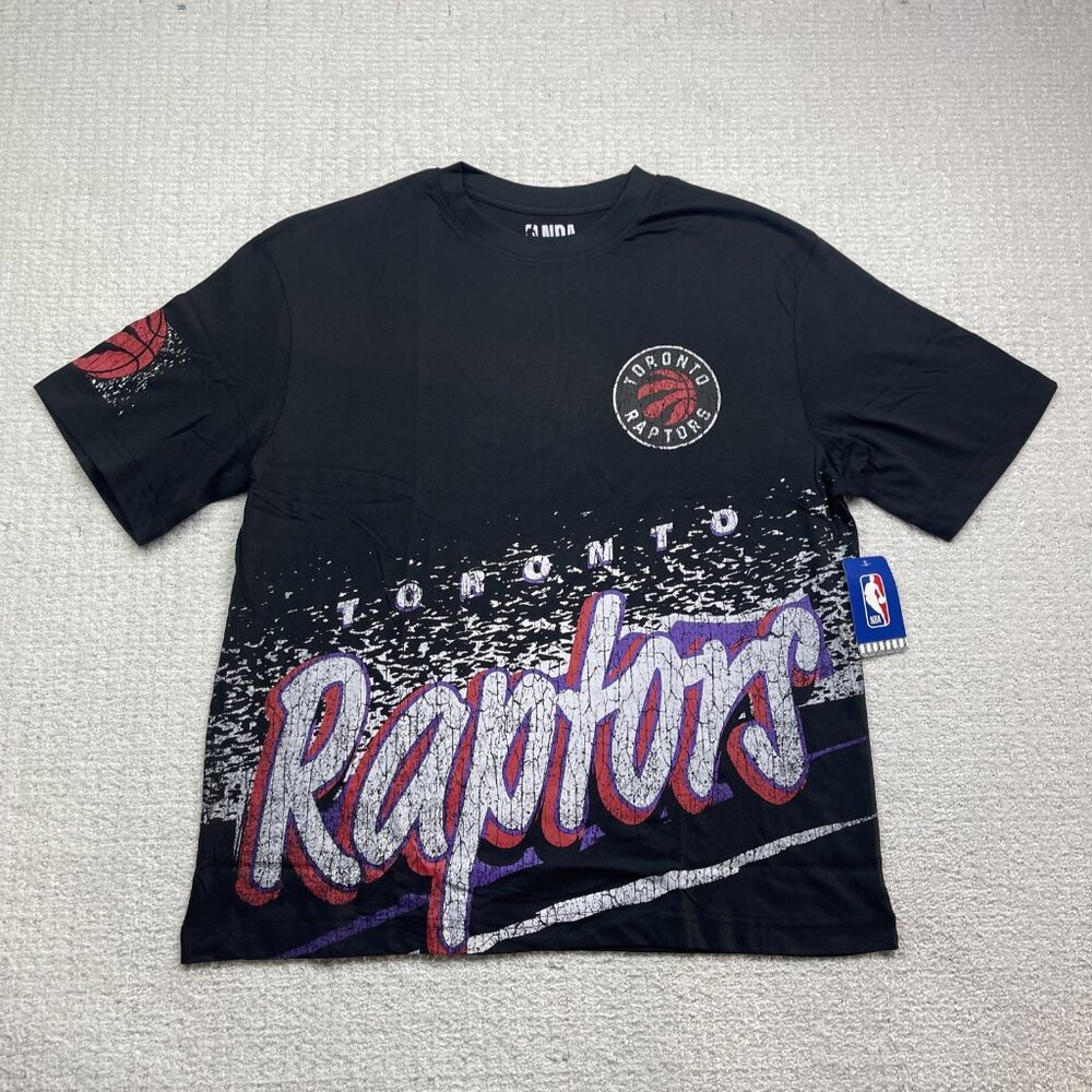 NWT Toronto Raptors NBA Authentic Sports Black T-Shirt Retro Vintage AOP Men L